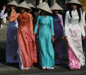 The traditional 'Ao Dai' are often worn by Vietnamese women on special occasions, particularly weddings